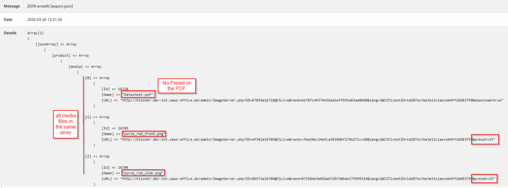 Screenshot of the export with the merge array format plugin