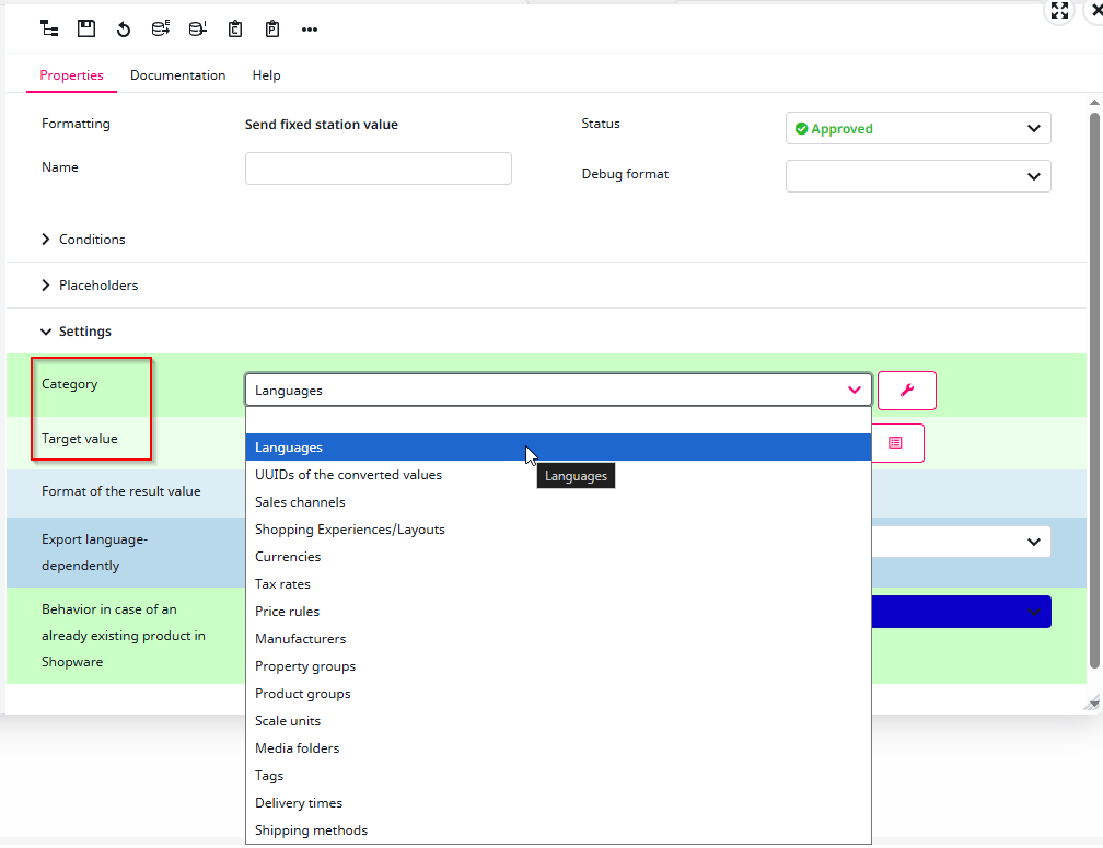 Screenshot of the "send fixed station value"-format configuration