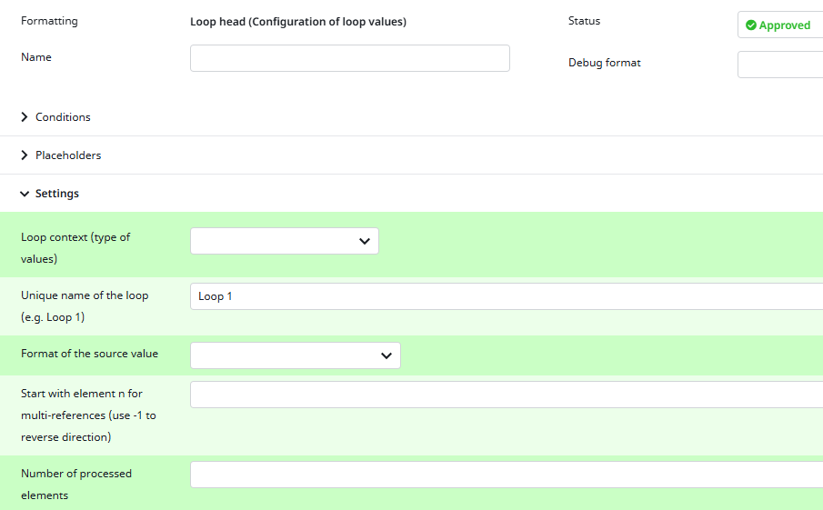 Screenshot of the Loop Head configuration