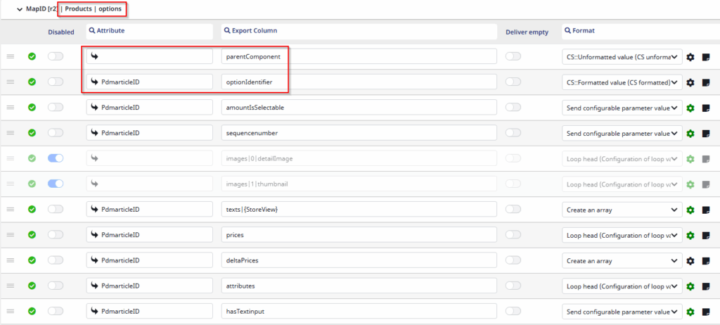 Screenshot of a part of the datamap template for configuratorware (options nodemap)