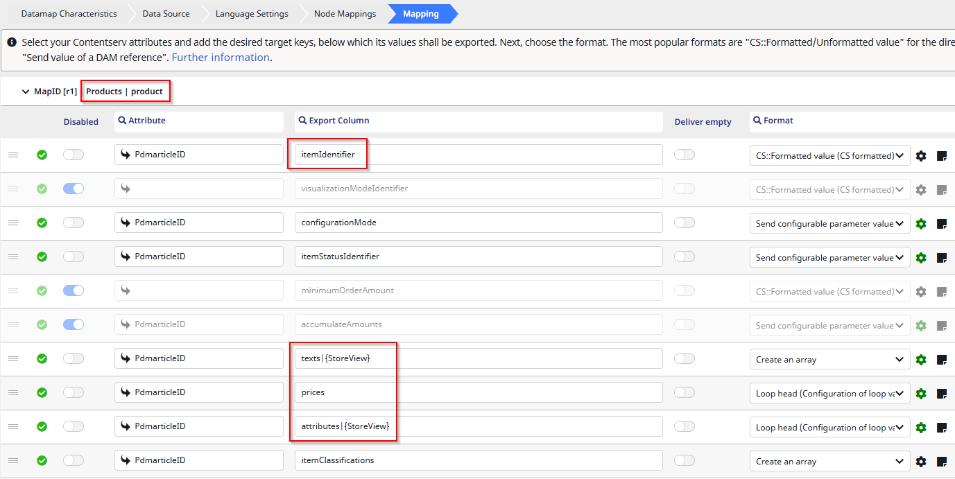 Screenshot of a part of the datamap template for configuratorware