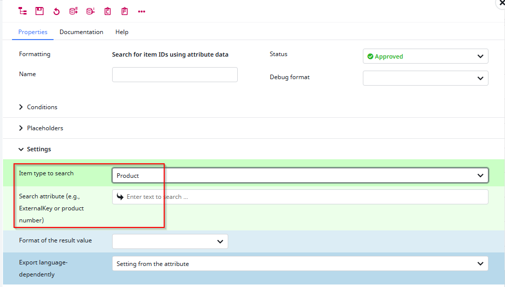 Screenshot of the configarion fields for the "Search for Item using attribute data"