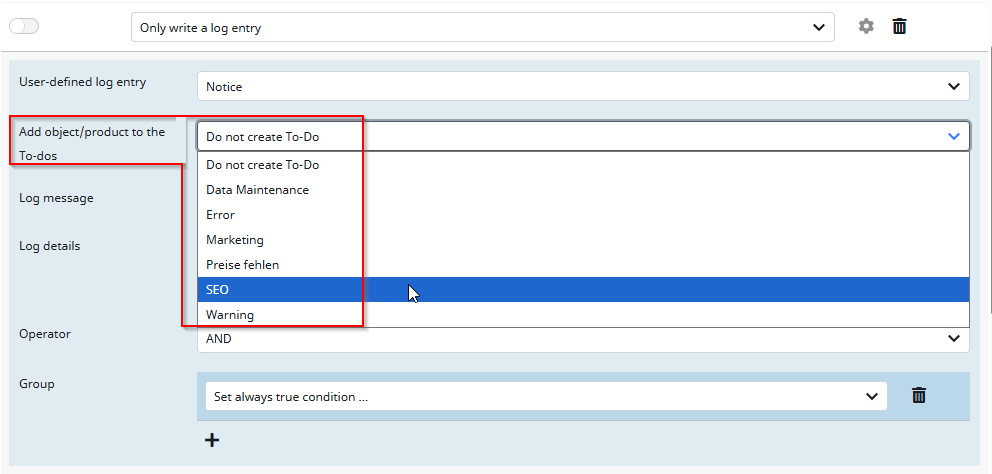 Screenshot of selecting a todo type in a condition format plugin