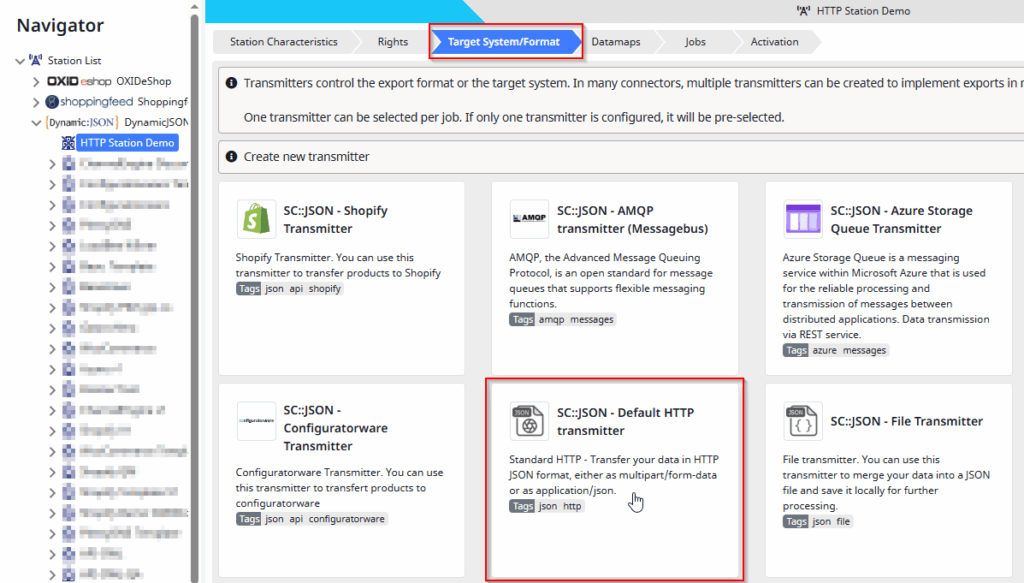 Screenshot of selecting the Default HTTP transmitter in the Target System/Format Step