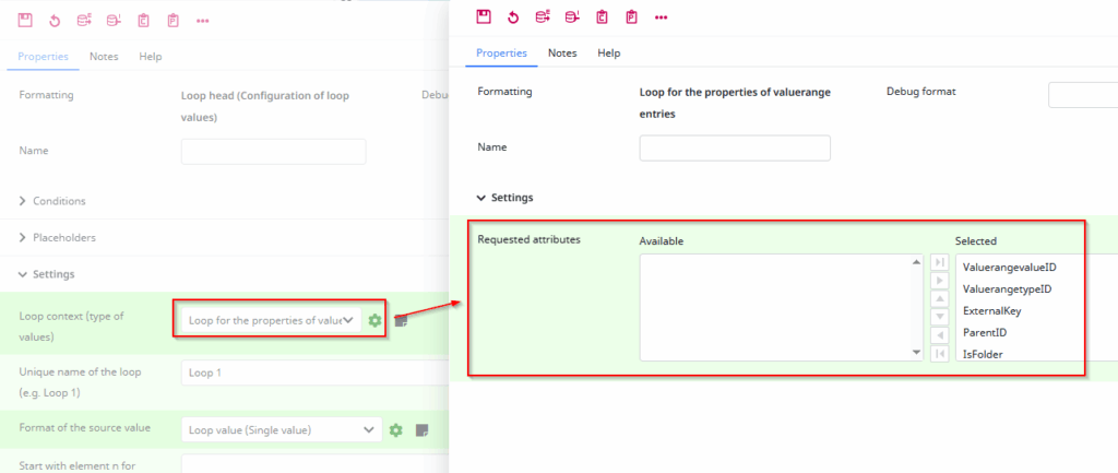 Screenshot of the Loop context configuration loop for properties of valuerange entries