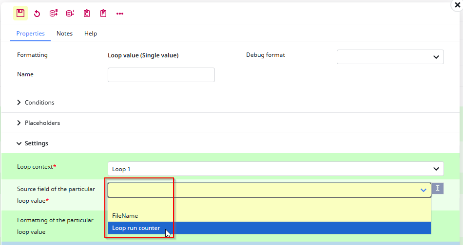 Screenshot selecting the source value of the loop