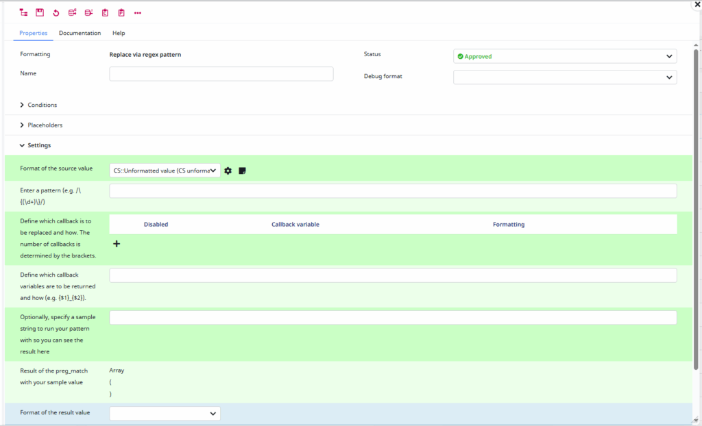 Screenshot of the empty configuration of the replace via regex pattern format plugin